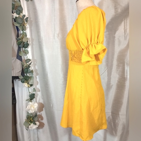 Rechic bohemian Vintage Short Dress, Yellow, Bell Sleeve,Zip, Pleated bust, S/ 2 - Picture 4 of 12